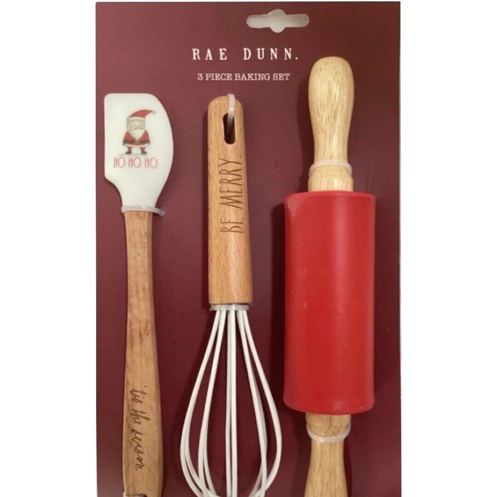 RAE DUNN Christmas Red 3 Piece Baking Set Spatula, Whisk & Rolling Pin